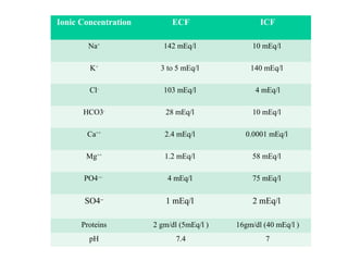 Ionic Concentration ECF ICF
Na+
142 mEq/l 10 mEq/l
K+
3 to 5 mEq/l 140 mEq/l
Cl-
103 mEq/l 4 mEq/l
HCO3-
28 mEq/l 10 mEq/l
Ca++
2.4 mEq/l 0.0001 mEq/l
Mg++
1.2 mEq/l 58 mEq/l
PO4---
4 mEq/l 75 mEq/l
SO4--
1 mEq/l 2 mEq/l
Proteins 2 gm/dl (5mEq/l ) 16gm/dl (40 mEq/l )
pH 7.4 7
 