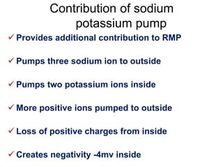 Contribution of sodium
potassium pump
 Provides additional contribution to RMP
 Pumps three sodium ion to outside
 Pumps two potassium ions inside
 More positive ions pumped to outside
 Loss of positive charges from inside
 Creates negativity -4mv inside
 