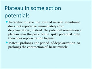 Plateau in some action
potentials
In cardiac muscle the excited muscle membrane
does not repolarize immediately after
depolarization ; instead the potential remains on a
plateau near the peak of the spike potential only
then does repolarization begins.
Plateau prolongs the period of depolarization so
prolongs the contraction of heart muscle
 