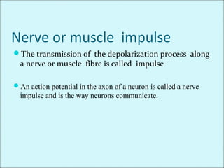 Nerve or muscle impulse
The transmission of the depolarization process along
a nerve or muscle fibre is called impulse
An action potential in the axon of a neuron is called a nerve
impulse and is the way neurons communicate.
 