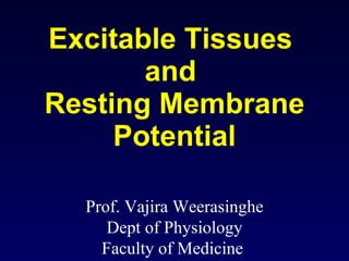Excitable Tissues  and  Resting Membrane Potential Prof. Vajira Weerasinghe Dept of Physiology Faculty of Medicine  