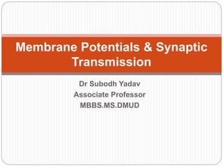 Dr Subodh Yadav
Associate Professor
MBBS.MS.DMUD
Membrane Potentials & Synaptic
Transmission
 