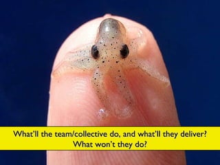 What’ll the team do? And what won’t they do? What’ll the team/collective do, and what’ll they deliver? What won’t they do? 