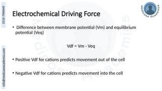 Electrochemical Driving Force
• Difference between membrane potential (Vm) and equilibrium
potential (Veq)
Vdf = Vm - Veq
• Positive Vdf for cations predicts movement out of the cell
• Negative Vdf for cations predicts movement into the cell
 