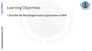 20
Learning Objectives
• Describe the Physiological basis of generation of RMP.
 