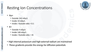 Resting Ion Concentrations
• Na+
• Outside 142 mEq/L
• Inside 14 mEq/L
• Inside / Outside ratio = 0.1
• K+
• Outside 4 mEq/L
• Inside 140 mEq/L
• Inside / Outside ratio = 35
• High internal potassium and high external sodium are maintained
• These gradients provide the energy for diffusion potentials
 