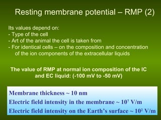 Its values depend on: -  Type of the cell  -  Art of the animal the cell is taken from -  For identical cells – on the composition and concentration of the ion components of the extracellular liquids The value of RMP at normal ion composition of the IC and EC liquid:   (-100 mV  to  -50 mV) Resting membrane potential – RMP  (2) Membrane thickness ~ 10 nm Electric field intensity in the membrane ~ 10 7  V/m Electric field intensity on the Earth’s surface ~ 10 2  V/m 