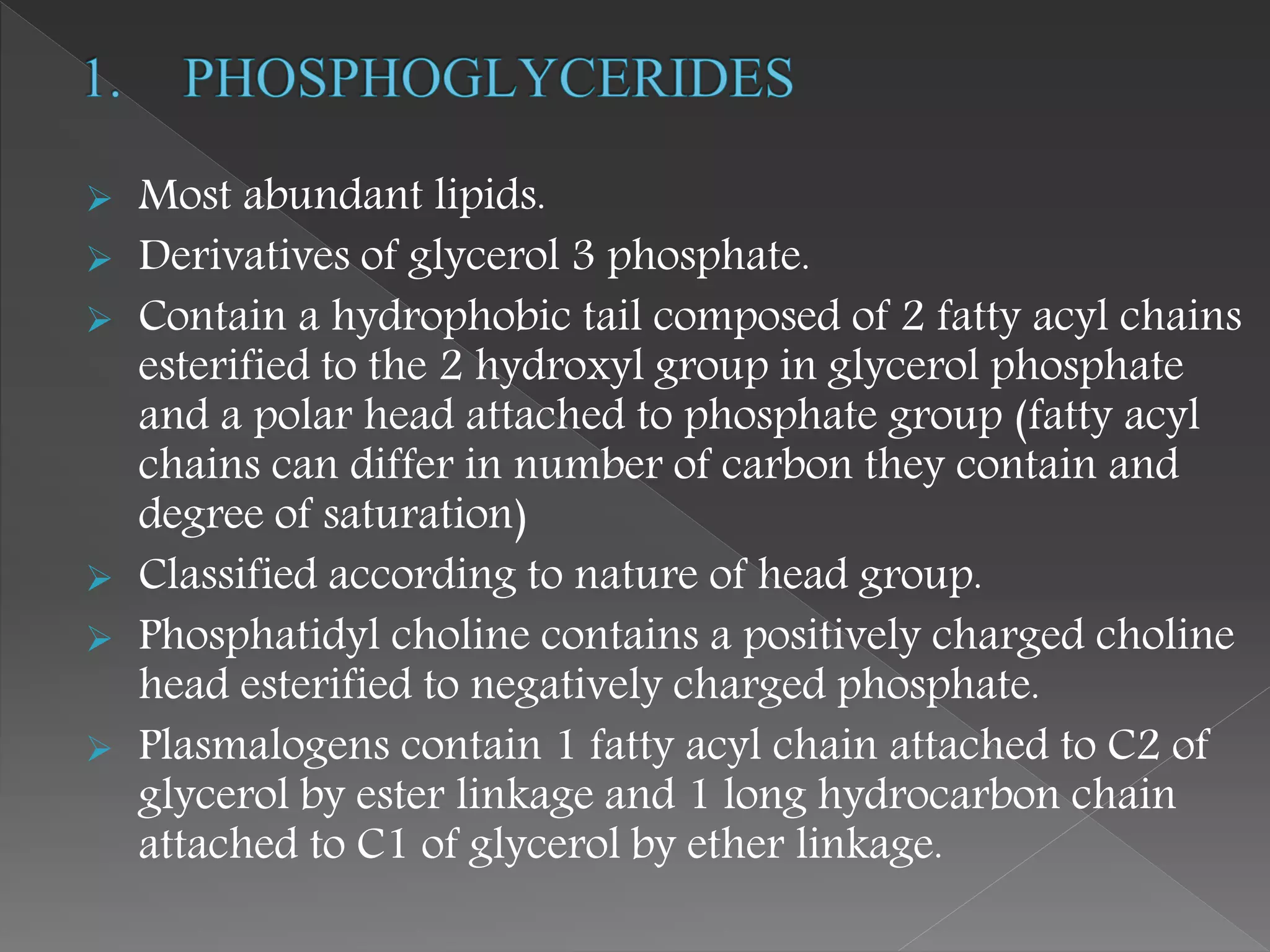  Most abundant lipids.
 Derivatives of glycerol 3 phosphate.
 Contain a hydrophobic tail composed of 2 fatty acyl chains
esterified to the 2 hydroxyl group in glycerol phosphate
and a polar head attached to phosphate group (fatty acyl
chains can differ in number of carbon they contain and
degree of saturation)
 Classified according to nature of head group.
 Phosphatidyl choline contains a positively charged choline
head esterified to negatively charged phosphate.
 Plasmalogens contain 1 fatty acyl chain attached to C2 of
glycerol by ester linkage and 1 long hydrocarbon chain
attached to C1 of glycerol by ether linkage.
 