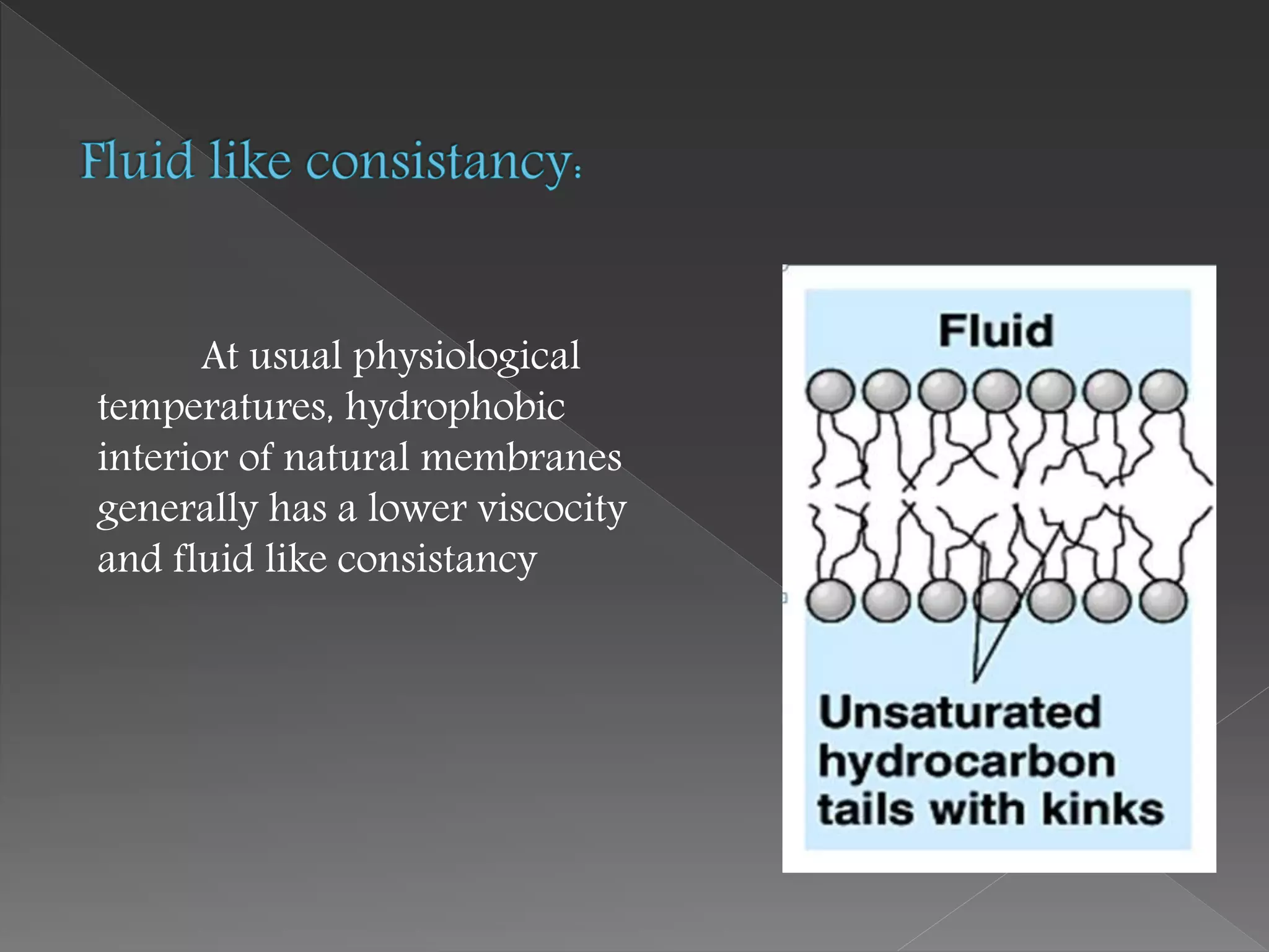 At usual physiological
temperatures, hydrophobic
interior of natural membranes
generally has a lower viscocity
and fluid like consistancy
 