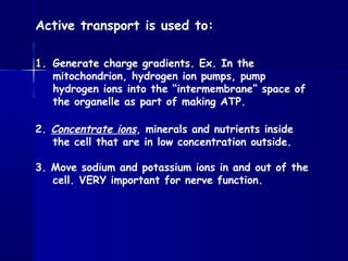 Active transport is used to:
1. Generate charge gradients. Ex. In the
mitochondrion, hydrogen ion pumps, pump
hydrogen ions into the “intermembrane” space of
the organelle as part of making ATP. 
2. Concentrate ions, minerals and nutrients inside
the cell that are in low concentration outside. 
3. Move sodium and potassium ions in and out of the
cell. VERY important for nerve function.
 
