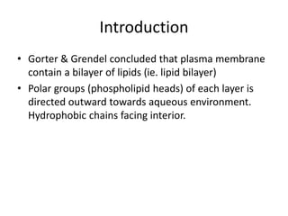 Introduction
• Gorter & Grendel concluded that plasma membrane
contain a bilayer of lipids (ie. lipid bilayer)
• Polar groups (phospholipid heads) of each layer is
directed outward towards aqueous environment.
Hydrophobic chains facing interior.
 