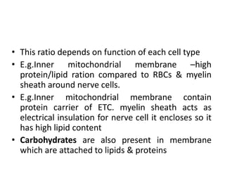 • This ratio depends on function of each cell type
• E.g.Inner mitochondrial membrane –high
protein/lipid ration compared to RBCs & myelin
sheath around nerve cells.
• E.g.Inner mitochondrial membrane contain
protein carrier of ETC. myelin sheath acts as
electrical insulation for nerve cell it encloses so it
has high lipid content
• Carbohydrates are also present in membrane
which are attached to lipids & proteins
 