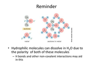 Reminder
• Hydrophilic molecules can dissolve in H2O due to
the polarity of both of these molecules
– H bonds and other non-covalent interactions may aid
in this
 
