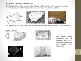 2. Basic form : The Hypar or Saddle Shape:
The first basic form is the saddle shape. It has a double curvature: the hanging curve can
bear the downward load, the downward curve can bear the upward wind load.
7
The boundaries could be sloped arches (even forming a circle in plan view) or placed vertical.
The double curved
membrane could be
tensioned into a 3D
curved ring or between
two parallel circles
(polygons).
 