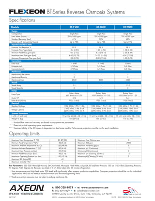BT-Series Reverse Osmosis Systems
Specifications
  Models                                                                    BT-1500                                BT-1800                           BT-2000
  Design
  Configuration                                                             Single Pass                             Single Pass                      Single Pass
  Feed Water Source***                                                   TDS 2000 ppm                            TDS 2000 ppm                   TDS 2000 ppm
  Standard Recovery Rate†                                                      41%                                     30%                              63%
  Recovery with Concentrate Recycle                                         Up to 75%                               Up to 75%                        Up to 75%
  Rejection and Flow Rates
  Nominal Salt Rejection %                                                     98.5                                    98.5                             98.5
  Permeate Flow* gpm (lpm)                                                 1.04 (3.93)                             1.25 (4.73)                       1.38 (5.22)
  Minimum Feed Flow gpm (lpm)                                              2.04 (7.72)                             4.25 (16.10)                      2.35 (8.89)
  Maximum Feed Flow gpm (lpm)                                              6.00 (22.70)                           14.00 (53.00)                     6.00 (22.70)
  Minimum Concentrate Flow gpm (lpm)                                       1.00 (3.78)                             3.00 (11.36)                      1.00 (3.78)
  Connections
  Feed inch                                                                   1 FNPT                                 1 FNPT                            1 FNPT
  Permeate inch                                                              3/8 Tube                               3/8 Tube                          3/8 Tube
  Concentrate inch                                                           3/8 Tube                               3/8 Tube                          3/8 Tube
  Membranes
  Membrane(s) Per Vessel                                                         1                                      1                                 1
  Membrane Quantity                                                              2                                      1                                 3
  Membrane Size                                                                2540                                   4040                              2540
  Vessels
  Vessel Array                                                                  1:1                                     1                               1:1:1
  Vessel Quantity                                                                2                                      1                                 3
  Pumps
                                                                          Rotary Vane                          Rotary Vane                         Rotary Vane
  Pump Type
                                                                       601 Brass or 611 SS                 1001 Brass or 1011 SS               1001 Brass or 1011 SS
  Motor HP                                                                    3/4                                  3/4                                 3/4
  RPM @ 60 (50 Hz)                                                         1725 (1465)                             1725 (1465)                      1725 (1465)
  Electrical
  Standard Voltage                                                   110V, 60Hz, 1 PH, 11.0A              110V, 60Hz, 1 PH, 11.0A            110V, 60Hz, 1 PH, 11.0A
                                                                      220V, 60Hz, 1 PH, 5.6A               220V, 60Hz, 1 PH, 5.6A             220V, 60Hz, 1 PH, 5.6A
  Voltage Options
                                                                     220V, 50Hz, 1 PH, 5.6 A               220V, 50Hz, 1 PH, 6.6A             220V, 50Hz, 1 PH, 6.6A
  Systems Dimensions **
  L x W x H inch (cm)                                            19 x 23 x 46 (48 x 58 x 116)           19 x 23 x 46 (48 x 58 x 116)        19 x 23 x 46 (48 x 58 x 116)
  Weight lb. (kg)                                                          105 (47.63)                             105 (47.63)                      115 (52.16)

  * Product Flow rates and recovery are based on equipment test parameters.
 ** Does not include operating space requirements.
*** Treatment ability of the RO system is dependent on feed water quality. Performance projections must be run for each installation.


Operating Limits
  Maximum Feed Temperature °F (°C)                         85 (29.00)                  Maximum Free Chlorine ppm                                           0
  Minimum Feed Temperature °F (°C)                          40 (4.44)                  Maximum TDS ppm                                                   2000
  Maximum Ambient Temperature °F (°C)                     120 (48.89)                  Maximum Hardness gpg††                                              0
  Minimum Ambient Temperature °F (°C)                       40 (4.44)                  Maximum pH (Continuous)                                            11
  Maximum Feed Pressure psi (bar)                           85 (5.86)                  Minimum pH (Continuous)                                             5
  Minimum Feed Pressure psi (bar)                           45 (3.10)                  Maximum pH (Cleaning 30 Min.)                                      12
  Maximum Operating Pressure psi (bar)                    150 (10.34)                  Minimum pH (Cleaning 30 Min.)                                       2
  Maximum SDI Rating SDI                                        3
  Maximum Turbidity NTU                                          1

Test Parameters: 550 TDS Filtered (5 Micron), De-Chlorinated, Municipal Feed Water, 65 psi (4.50 bar) Feed Pressure, 150 psi (10.34 bar) Operating Pressure,
77 Degrees F (25 Degrees C), Recovery as stated, 7.0 pH. Data taken after 60 minutes of operation.
 † Low temperatures and high feed water TDS levels will significantly affect systems production capabilities. Computer projections should be run for individual
   applications which do not meet or exceed minimum and maximum operating limits.
†† Scale prevention measures must be taken to prolong membrane life.




                                                   P: 800-320-4074 • W: www.axeonwater.com
                                                   F: 800-609-0829 • E: sales@axeonwater.com
                                                   40980 County Center Drive, Suite 100, Temecula, CA 92591
MKTF-147                                           AXEON is a registered trademark of AXEON Water Technologies.                     02/12     ©2012 AXEON Water Technologies
 