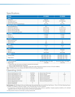 FLEXEON_MKTF-149_GT-RO-Sys_PB_Page 3




          Specifications
            Models                                                                                    GT-30000                                 GT-40000
             Design
             Configuration                                                                              Single Pass                                Single Pass
             Feed Water Source***                                                                    TDS 2000 ppm                            TDS 2000 ppm
             Standard Recovery Rate†                                                                       65%                                        65%
             Recovery with Optional Concentrate Recycle                                                 Up to 75%                                  Up to 75%
             Rejection and Flow Rates
             Nominal Salt Rejection %                                                                      98.5                                       98.5
             Permeate Flow* gpm (lpm)                                                                 20.83 (78.84)                           27.78 (105.15)
             Minimum Feed Flow gpm (lpm)                                                             32.05 (121.00)                           42.62 (161.00)
             Maximum Feed Flow gpm (lpm)                                                              42.0 (159.00)                            56.0 (212.00)
             Minimum Concentrate Flow gpm (lpm)                                                       11.22 (42.50)                            14.84 (56.20)
             Connections
             Feed inch                                                                                  2 FLANGE                                   2 FLANGE
             Permeate inch                                                                              1.5 FNPT                                    1.5 FNPT
             Concentrate inch                                                                           1.5 FNPT                                    1.5 FNPT
             Membranes
             Membrane(s) Per Vessel                                                                         2                                          2
             Membrane Quantity                                                                              20                                         24
             Membrane Size                                                                                4040                                       4040
             Vessels
             Vessel Array                                                                                3:3:2:2                                    4:4:2:2
             Vessel Quantity                                                                                10                                         12
             Pumps
             Pump Type                                                                                  Multi-Stage                                Multi-Stage
             Motor HP                                                                                       5                                         7.5
             RPM @ 60 (50 Hz)                                                                          3450 (2900)                               3450 (2900)
             Electrical
             Standard Voltage                                                                    220V, 60HZ, 3PH,15.0A                   220V,     60HZ,   3PH,    22.0A
                                                                                                 220V, 50HZ, 3PH, 16.0A                  220V,     50HZ,   3PH,    23.0A
             Voltage Options                                                                      380V, 50HZ, 3PH, 9.5A                  380V,     50HZ,   3PH,    12.0A
                                                                                                  460V, 60HZ, 3PH, 8.5A                  460V,     60HZ,   3PH,    11.0A
             Systems Dimensions **
             L x W x H inches (cm)                                                          134 x 43 x 81 (340 x 110 x 205)          134 x 43 x 81 (340 x 110 x 205)
             Weight lbs (kg)                                                                           1500 (680)                                  1650 (750)
             * Product Flow rates and recovery are based on equipment test parameters.
            ** Does not include operating space requirements.
           *** Treatment ability of the RO system is dependent on feed water quality. Performance projections must be run for each installation.
           Note 1: All 50Hz systems come standard with AXEON HF4 Extra Low Energy Membranes.

          Operating Limits
             Maximum Feed Temperature °F (°C)                        85 (29.00)              Maximum Free Chlorine ppm                                         0
             Minimum Feed Temperature °F (°C)                         40 (4.44)              Maximum TDS ppm                                                 2000
             Maximum Ambient Temperature °F (°C)                     120 (48.89)             Maximum Hardness gpg††                                            0
             Minimum Ambient Temperature °F (°C)                      40 (4.44)              Maximum pH (Continuous)                                          11
             Maximum Feed Pressure psi (bar)                          85 (5.86)              Minimum pH (Continuous)                                           5
             Minimum Feed Pressure psi (bar)                          45 (3.10)              Maximum pH (Cleaning 30 Min.)                                    12
             Maximum Operating Pressure psi (bar)                    150 (10.34)             Minimum pH (Cleaning 30 Min.)                                     2
             Maximum SDI Rating SDI                                      3
             Maximum Turbidity NTU                                        1
          Test Parameters: 550 TDS Filtered (5 Micron), De-Chlorinated, Municipal Feed Water, 65 psi (4.50 bar) Feed Pressure, 150 psi (10.34 bar) Operating Pressure,
          77 Degrees F (25 Degrees C), Recovery as stated, 7.0 pH. Data taken after 60 minutes of operation.
            † Low temperatures and high feed water TDS levels will significantly affect systems production capabilities. Computer projections should be run for individual
              applications which do not meet or exceed minimum and maximum operating limits.
           †† Scale prevention measures must be taken to prolong membrane life.
 