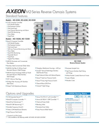 AXEON_MKTF–116_M2_PB_ Page 2              3/16/12 4:08 PM




                                             M2-Series Reverse Osmosis Systems
      Standard Features
      Models – M2-4240, M2-6240, M2-8240
      ■    S150 Computer Controller
           ◆ LCD Backlit Display

           ◆ Pre-Treatment Lockout

           ◆ Tank Level Input

           ◆ Low Pressure Monitoring and Alarm

           ◆ Dual TDS Monitoring

           ◆ Hour Meter

           ◆ Feed Flush


      Models – M2-10240, M2-12240
      ■    Rotrol II Computer Controller
           ◆ LCD Backlit Display

           ◆ Pre-Treatment Lockout

           ◆ Tank Level Input

           ◆ LED Low Pressure Monitoring and Alarm

           ◆ Hour Meter

           ◆ Dual TDS Monitoring

           ◆ Expander Board

           ◆ Feed Flush

           ◆ Digital Flow Meters


      ■    AXEON Permeate and Concentrate                                                                                 M2-12240
           Flow Meters                                                                                              Reverse Osmosis System
      ■    Stainless Steel Concentrate Globe Valve
      ■    AXEON Pre-Filter 0-100 psi Panel                 ■   Fiberglass Membrane Housings – 450 psi   ■   Permeate Sample Ports
           Mounted Glycerin Filled Gauges                   ■   Goulds® Vertical Multi-Stage Stainless   ■   High Pressure Stainless Steel Tubing
      ■    AXEON Pump Discharge 0-600 psi Panel                 Steel Booster Pump                           and Fittings
           Mounted Glycerin Filled Stainless                ■   Feed Solenoid Valve with Manual Bypass   ■   White Powder Coated Aluminum Frame
           Steel Gauges
                                                                       ®
                                                            ■   Nason Feed Low Pressure Switch           ■   Caster Wheels
      ■    FSI® 5 Micron Filter Bag
                                                            ■          ®
                                                                Nason Pump High Pressure Switch          ■   Wooden Crate
      ■    FSI Bag Filter Housing with Stainless
           Steel Stand                                      ■   Clean-In-Place (CIP) Ports
      ■           ®
           Filmtec LCLE Membrane Elements                   ■   Victaulic® Style Fittings




       Options and Upgrades                                                                                      AXEON Naming Matrix
       ■   S150 Expander Board***                           ■   Hanna® BL 981411 pH Controller***                              M2      12      2    40
                                                                                                         M-SERIES MODEL
       ■   Rotroll ll Computer Controller***                ■   Hanna BL 982411 ORP Controller***        M2 Brackish Water Model
       ■   Rotroll ll pH Monitoring***                      ■   Chemical Pump Outlet                     HOUSING QUANTITY DESIGNATION
       ■   Rotroll ll ORP Monitoring***                     ■   Blending Valve                           4   4 Vessel
                                                                                                         6      6 Vessel
       ■   Variable Frequency Drive††                       ■   Permeate Divert Valve                    8      8 Vessel
                                                                                                         10     10 Vessel
       ■   Filmtec LCHR Membrane Elements                   ■   Pump Pressure Relief Valve†
                                                                                                         12     12 Vessel
       ■   High Pressure Tank Switch
                                                                                                         MEMBRANE QUANTITY PER HOUSING
                                                                                                         2      2 Membranes
       †† Standard for all 50Hz Systems
      *** Only available on the following models: M2-4240, M2-6240, M2-8240                              4.0 INCH MEMBRANE DIAMETER
 