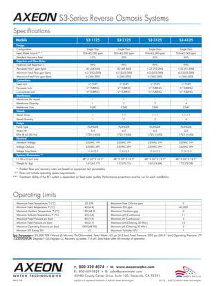 S3-Series Reverse Osmosis Systems
Specifications
  Models                                                       S3-1125                         S3-2125                   S3-3125                           S3-4125
  Design
  Configuration                                                 Single Pass                    Single Pass               Single Pass                       Single Pass
  Feed Water Source***                                      TDS45,000 ppm                 TDS45,000 ppm           TDS45,000 ppm                      TDS45,000 ppm
  Standard Recovery Rate                                                15%                            20%                       25%                               36%
  Rejection and Flow Rates
   Nominal Salt Rejection %                                             99%                            99%                       99%                               99%
   Permeate Flow* gpm (lpm)                                    .41 (24,600)                   .83 (49,800)              1.25 (75,000)                     1.52 (91,200)
   Minimum Feed Flow gpm (lpm)                                4.2 (252,000)                  4.2 (252,000)              4.2 (252,000)                     4.2 (252,000)
   Maximum Feed Flow gpm (lpm)                                 6 (360,000)                    6 (360,000)               6 (360,000)                        6 (360,000)
  Connections
  Feed inch                                                         1
                                                                     ⁄2 FNPT                      1
                                                                                                    ⁄2 FNPT                 1
                                                                                                                              ⁄2 FNPT                         1
                                                                                                                                                                ⁄2 FNPT
  Permeate inch                                                 ⁄8 TUBING
                                                                3                              3
                                                                                                ⁄8 TUBING               ⁄8 TUBING
                                                                                                                         3                                 3
                                                                                                                                                            ⁄8 TUBING
  Concentrate inch                                              ⁄8 TUBING
                                                                3                              3
                                                                                                ⁄8 TUBING               ⁄8 TUBING
                                                                                                                         3                                 3
                                                                                                                                                            ⁄8 TUBING
  Membranes
  Membrane Per Vessel                                                    1                              1                         1                                    1
  Membrane Quantity                                                      1                              2                         3                                    4
  Membrane Size                                                         2540                           2540                      2540                              2540
  Vessels
  Vessel Array                                                           1                             1:1                       1:1:1                         1:1:1:1
  Vessel Quantity                                                        1                              2                         3                                    4
  Pumps
  Pump Type                                                         PLUNGER                        PLUNGER                   PLUNGER                           PLUNGER
  Motor HP                                                               2.5                           2.5                       2.5                               2.5
  RPM @ 60 (50 Hz)                                             1725 (1450)                    1725 (1450)               1725 (1450)                       1725 (1450)
  Electrical
  Standard Voltage                                             220VAC 1PH                     220VAC 1PH                220VAC 1PH                        220VAC 1PH
  Voltage Options                                              220VAC 3PH                     220VAC 3PH                220VAC 3PH                         220VAC 3PH
  Voltage Amp Draw                                                  11.5–12.5                      11.5–12.5                 11.5–12.5                         11.5–12.5
  Systems Dimensions **
  L x W x H inch (cm)                                       48 X 24 X 18.5              48 X 24 X 18.5        48 X 24 X 18.5                  48 X 24 X 18.5
  Weight lb. (kg)                                              145 (65.77)                    155 (70.31)               165 (74.84)                        175 (79.38)

  * Product flow and recovery rates are based on equipment test parameters.
 ** Does not include operating space requirements.
*** Treatment ability of the RO system is dependent on feed water quality. Performance projections must be run for each installation.




Operating Limits
   Maximum Feed Temperature °F (°C)                           85 (29)                   Maximum Free Chlorine ppm                                                  0
   Minimum Feed Temperature °F (°C)                           40 (4.4)                  Maximum TDS ppm                                                    45,000
   Maximum Ambient Temperature °F (°C)                      120 (48.9)                  Maximum Hardness gpg                                                       0
   Minimum Ambient Temperature °F (°C)                        40 (4.4)                  Maximum pH (Continuous)                                                 11
   Maximum Feed Pressure psi (bar)                            85 (5.9)                  Minimum pH (Continuous)                                                    5
   Minimum Feed Pressure psi (bar)                            45 (3.1)                  Maximum pH (Cleaning 30 Min.)                                           12
   Maximum Operating Pressure psi (bar)                    1000 (68.95)                 Minimum pH (Cleaning 30 Min.)                                              2
   Minimum SDI Rating SDI                                           3                  Maximum Turbidity NTU                                                      1
Test Parameters: 35,000 TDS Filtered (5 Micron), De-Chlorinated, Feed Water, 65 psi (4.5 bar) Feed Pressure, 850 psi (58.61 bar) Operating Pressure, 77
7289690k         Degrees F (25 Degrees C), Recovery as stated, 7.0 pH. Data taken after 60 minutes of operation.
Low temperatures and high feed water TDS levels will significantly affect the system’s production capabilities. Computer projections should be run for individual
applications which do not meet or exceed minimum and maximum operating limits.
Scale prevention measures must be taken to prolong membrane life.




                                                    P: 800-320-4074 • W: www.axeonwater.com
                                                    F: 800-609-0829 • E: sales@axeonwater.com
                                                    40980 County Center Drive, Suite 100, Temecula, CA 92591
MKTF-108                                            AXEON is a registered trademark of AXEON Water Technologies.                         02/12   ©2012 AXEON Water Technologies
 