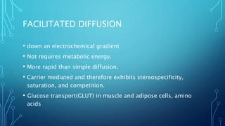 FACILITATED DIFFUSION
• down an electrochemical gradient
• Not requires metabolic energy.
• More rapid than simple diffusion.
• Carrier mediated and therefore exhibits stereospecificity,
saturation, and competition.
•  Glucose transport(GLUT) in muscle and adipose cells, amino
acids
 