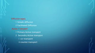 Diffusion types:
1 Simple diffusion
2 Facilitated Diffusion
Active Transport:
1 Primary Active transport
2 Secondry Active transport
i co-transport
ii counter transport
 