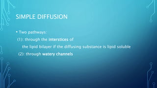 SIMPLE DIFFUSION
• Two pathways:
(1): through the interstices of
the lipid bilayer if the diffusing substance is lipid soluble
(2): through watery channels
 