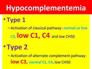 Hypocomplementemia
•Type 1
–Activation of classical pathway: normal or low
C3, low C1, C4 and low CH50
•Type 2
–Activation of alternate complement pathway:
low C3, normal C1, C4, low CH50
 