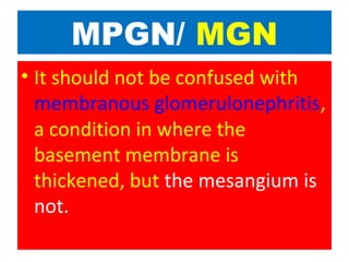 MPGN/ MGN
• It should not be confused with
membranous glomerulonephritis,
a condition in where the
basement membrane is
thickened, but the mesangium is
not.
 