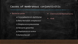 Causes of membranous conjunctivitis
▪ Bacterial causes
a) Corynyebacteruim diphtheriae
b) Beta Hemolytic streptococci
c) Streptococcus pneumoniae
d) Neisseria gonorrhea
e) Staphylococcus aureus
f) Escherichia coli
 Chemical and thermal burns
 Viral.
 