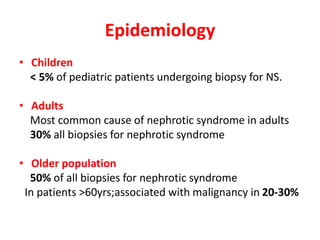 Epidemiology
• Children
< 5% of pediatric patients undergoing biopsy for NS.
• Adults
Most common cause of nephrotic syndrome in adults
30% all biopsies for nephrotic syndrome
• Older population
50% of all biopsies for nephrotic syndrome
In patients >60yrs;associated with malignancy in 20-30%
 