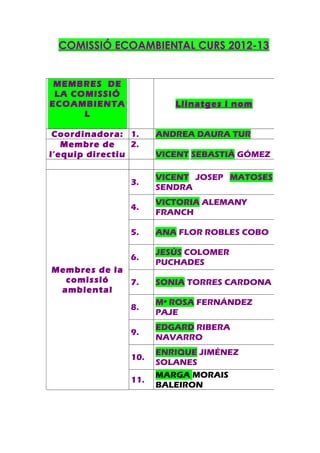 COMISSIÓ ECOAMBIENTAL CURS 2012-13


 MEMBRES DE
 LA COMISSIÓ
ECOAMBIENTA               Llinatges i nom
      L

 Coordina...