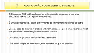  O Cíngulo do M.S. está unido apenas anteriormente pelo esterno por uma
articulação flexível com 3 graus de liberdade;
 É um anel Incompleto, assim o movimento de um membro independe do outro;
 São capazes de atuar com eficácia anteriormente ao corpo, a uma distância e nível
que permitem a coordenação oculomanual precisa;
 Osso maior e proximal (fêmur e úmero) é solitário;
 Dois ossos longos na parte distal, mas menores do que na proximal;
COMPARAÇÃO COM O MEMBRO INFERIOR:3
 