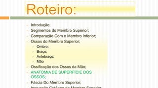  Introdução;
 Segmentos do Membro Superior;
 Comparação Com o Membro Inferior;
 Ossos do Membro Superior;
 Ombro;
 Braço;
 Antebraço;
 Mão
 Ossificação dos Ossos da Mão;
 ANATOMIA DE SUPERFÍCIE DOS
OSSOS;
 Fáscia Do Membro Superior;
 