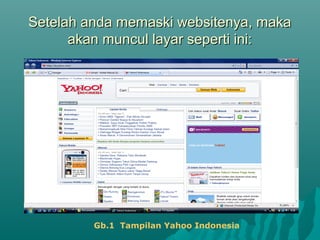 Setelah anda memaski websitenya, maka
akan muncul layar seperti ini:

Gb.1 Tampilan Yahoo Indonesia

 