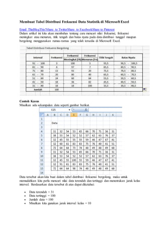 Membuat Tabel Distribusi Frekuensi Data Statistik di Microsoft Excel
Email ThisBlogThis!Share to TwitterShare to FacebookShare to Pinterest
Dalam artikel ini kita akan membahas tentang cara mencari nilai frekuensi, frekuensi
meningkat atau menurun, titik tengah dan batas nyata pada data distribusi tunggal maupun
bergolong menggunakan rumus-rumus yang telah tersedia di Microsoft Excel.
Contoh Kasus
Misalkan ada sekumpulan data seperti gambar berikut.
Data tersebut akan kita buat dalam tabel distribusi frekuensi bergolong, maka untuk
memudahkan kita perlu mencari nilai data terendah dan tertinggi dan menentukan jarak kelas
interval. Berdasarkan data tersebut di atas dapat diketahui:
 Data terendah = 31
 Data tertinggi = 100
 Jumlah data = 100
 Misalkan kita gunakan jarak interval kelas = 10
 