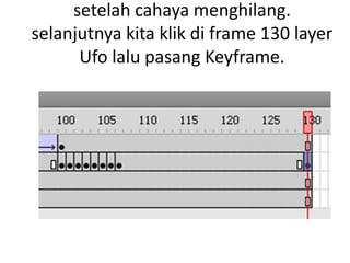 setelah cahaya menghilang.
selanjutnya kita klik di frame 130 layer
      Ufo lalu pasang Keyframe.
 