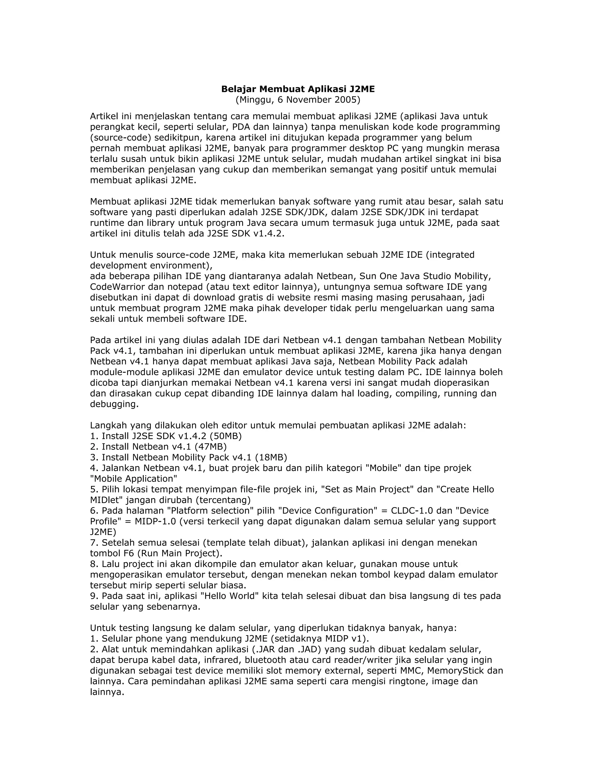 Membuat aplikasi j2me(java_mobile_edition) | DOC