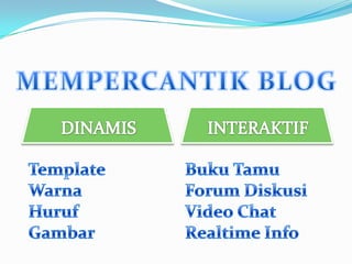 MEMPERCANTIK BLOGDINAMISINTERAKTIFTemplateWarnaHurufGambarBukuTamuForum DiskusiVideo ChatRealtime Info