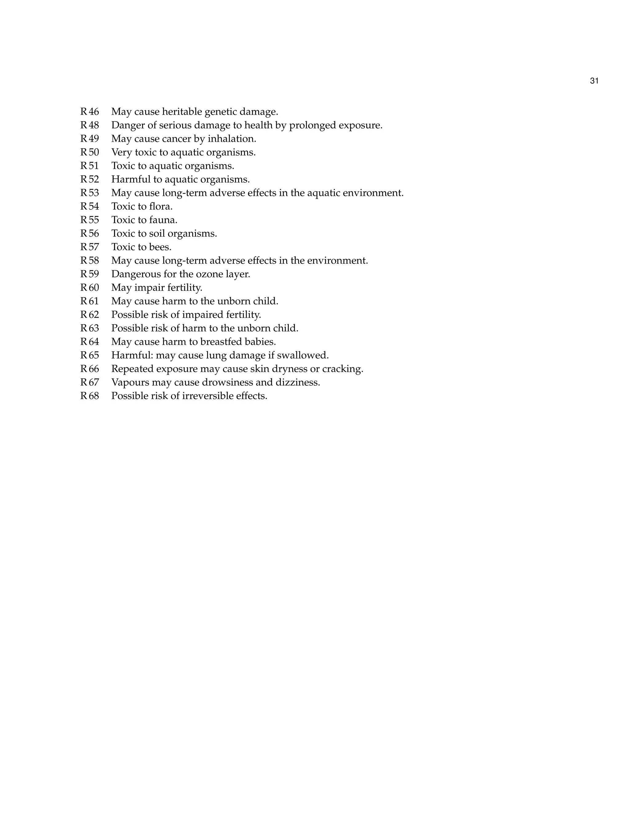 31
R 46 May cause heritable genetic damage.
R 48 Danger of serious damage to health by prolonged exposure.
R 49 May cause cancer by inhalation.
R 50 Very toxic to aquatic organisms.
R 51 Toxic to aquatic organisms.
R 52 Harmful to aquatic organisms.
R 53 May cause long-term adverse effects in the aquatic environment.
R 54 Toxic to ﬂora.
R 55 Toxic to fauna.
R 56 Toxic to soil organisms.
R 57 Toxic to bees.
R 58 May cause long-term adverse effects in the environment.
R 59 Dangerous for the ozone layer.
R 60 May impair fertility.
R 61 May cause harm to the unborn child.
R 62 Possible risk of impaired fertility.
R 63 Possible risk of harm to the unborn child.
R 64 May cause harm to breastfed babies.
R 65 Harmful: may cause lung damage if swallowed.
R 66 Repeated exposure may cause skin dryness or cracking.
R 67 Vapours may cause drowsiness and dizziness.
R 68 Possible risk of irreversible effects.
 
