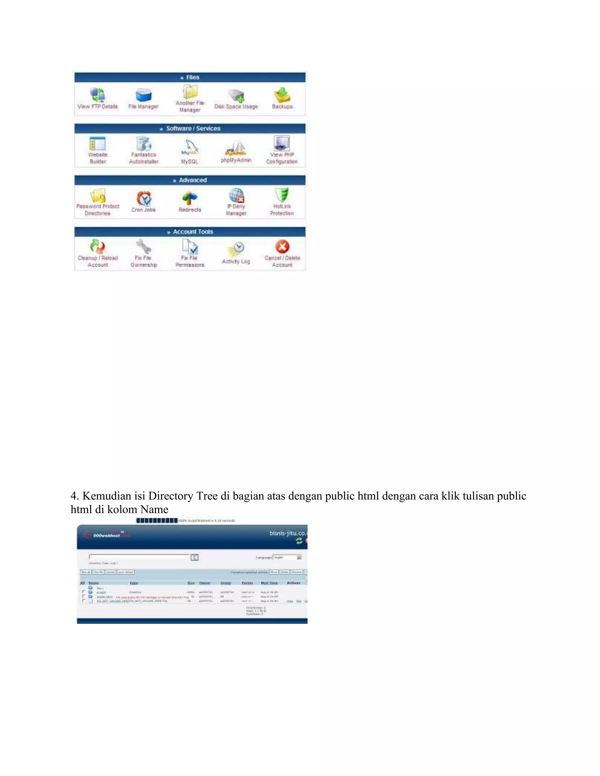 4. Kemudian isi Directory Tree di bagian atas dengan public html dengan cara klik tulisan public
html di kolom Name
 