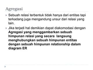 Agregasi
 Sebuah relasi terbentuk tidak hanya dari entitas tapi
terkadang juga mengandung unsur dari relasi yang
lain.
 Jika terjadi hal demikian dapat diakomodasi dengan
Agregasi yang menggambarkan sebuah
himpunan relasi yang secara langsung
menghubungkan sebuah himpunan entitas
dengan sebuah himpunan relationship dalam
diagram ER
 