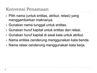 Konvensi Penamaan
 Pilih nama (untuk entitas, atribut, relasi) yang
menggambarkan maknanya.
 Gunakan nama tunggal untuk entitas.
 Gunakan huruf kapital untuk entitas dan relasi.
 Gunakan huruf kapital di awal kata untuk atribut.
 Nama entitas cenderung menggunakan kata benda.
 Nama relasi cenderung menggunakan kata kerja.
 