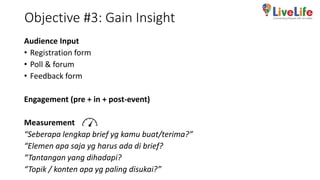 Objective #3: Gain Insight
Audience Input
• Registration form
• Poll & forum
• Feedback form
Engagement (pre + in + post-e...