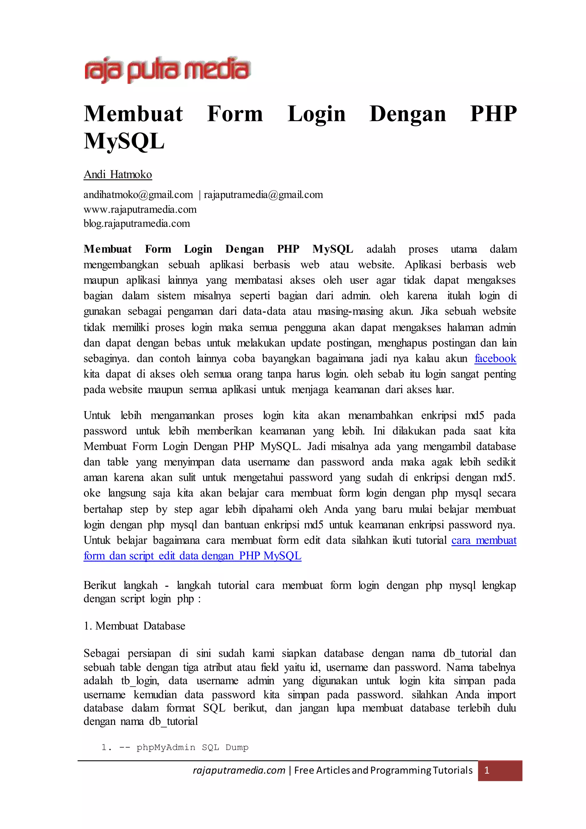 Membuat form login dengan php mysql | PDF