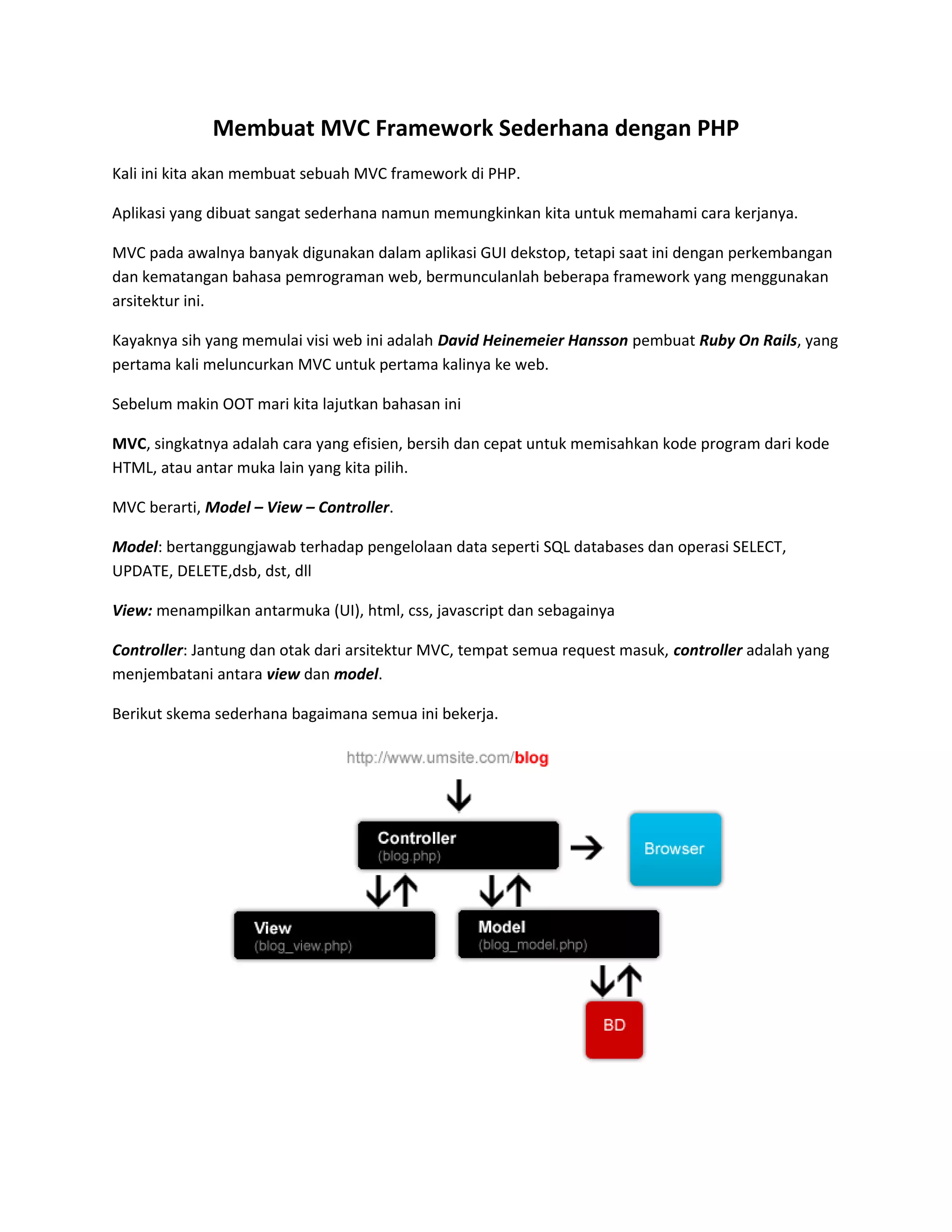 Membuat MVC Framework Sederhana dengan PHP Kali ini kita akan membuat sebuah MVC framework di PHP. Aplikasi yang dibuat sangat sederhana namun memungkinkan kita untuk memahami cara kerjanya. MVC pada awalnya banyak digunakan dalam aplikasi GUI dekstop, tetapi saat ini dengan perkembangan dan kematangan bahasa pemrograman web, bermunculanlah beberapa framework yang menggunakan arsitektur ini. Kayaknya sih yang memulai visi web ini adalah David Heinemeier Hansson pembuat Ruby On Rails, yang pertama kali meluncurkan MVC untuk pertama kalinya ke web. Sebelum makin OOT mari kita lajutkan bahasan ini MVC, singkatnya adalah cara yang efisien, bersih dan cepat untuk memisahkan kode program dari kode HTML, atau antar muka lain yang kita pilih. MVC berarti, Model – View – Controller. Model: bertanggungjawab terhadap pengelolaan data seperti SQL databases dan operasi SELECT, UPDATE, DELETE,dsb, dst, dll View: menampilkan antarmuka (UI), html, css, javascript dan sebagainya Controller: Jantung dan otak dari arsitektur MVC, tempat semua request masuk, controller adalah yang menjembatani antara view dan model. Berikut skema sederhana bagaimana semua ini bekerja. 