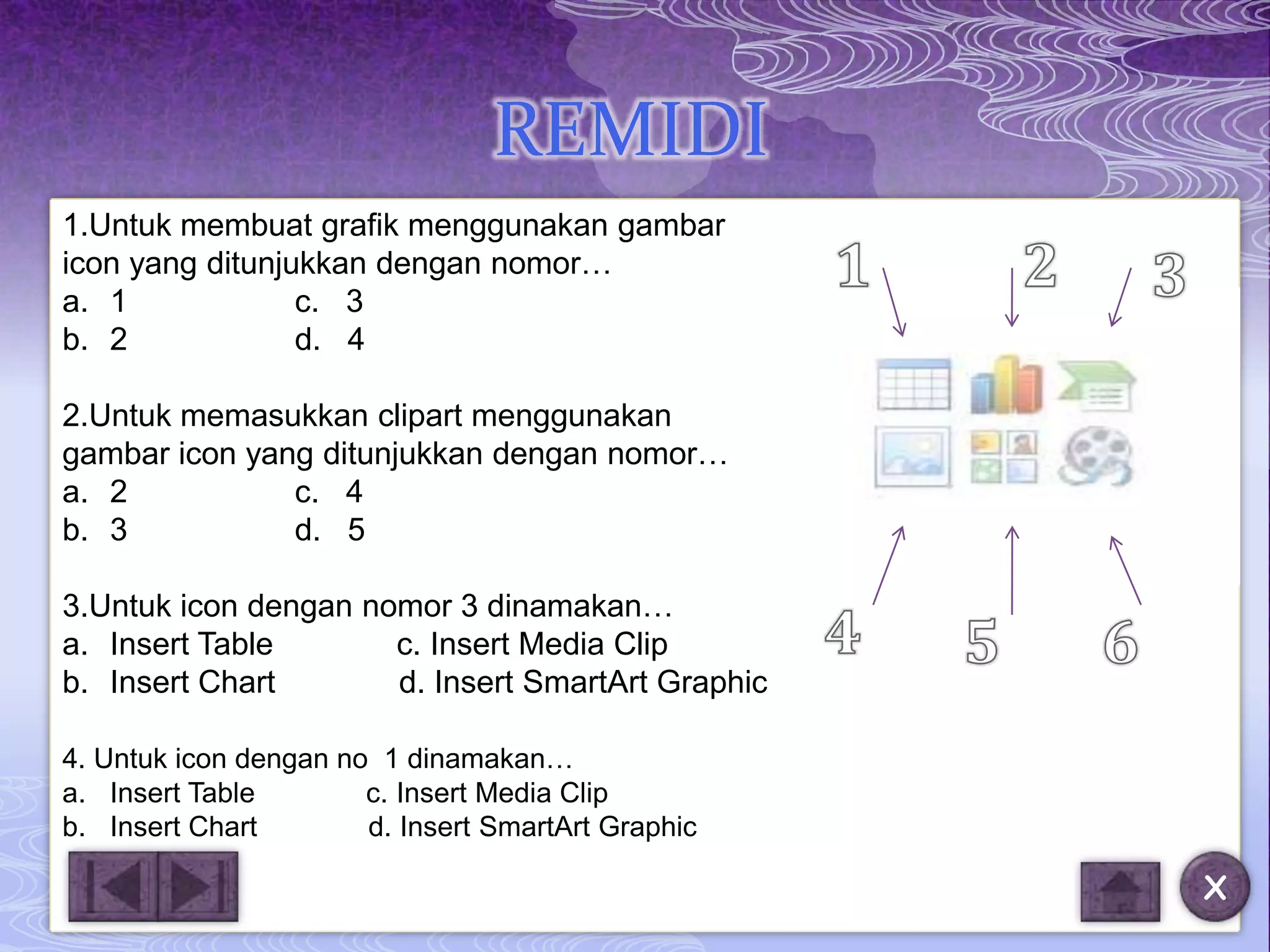REMIDI
1.Untuk membuat grafik menggunakan gambar
icon yang ditunjukkan dengan nomor…
a. 1             c. 3
b. 2             d. 4

2.Untuk memasukkan clipart menggunakan
gambar icon yang ditunjukkan dengan nomor…
a. 2           c. 4
b. 3           d. 5

3.Untuk icon dengan nomor 3 dinamakan…
a. Insert Table       c. Insert Media Clip
b. Insert Chart       d. Insert SmartArt Graphic

4. Untuk icon dengan no 1 dinamakan…
a. Insert Table        c. Insert Media Clip
b. Insert Chart        d. Insert SmartArt Graphic

                                                    X
 