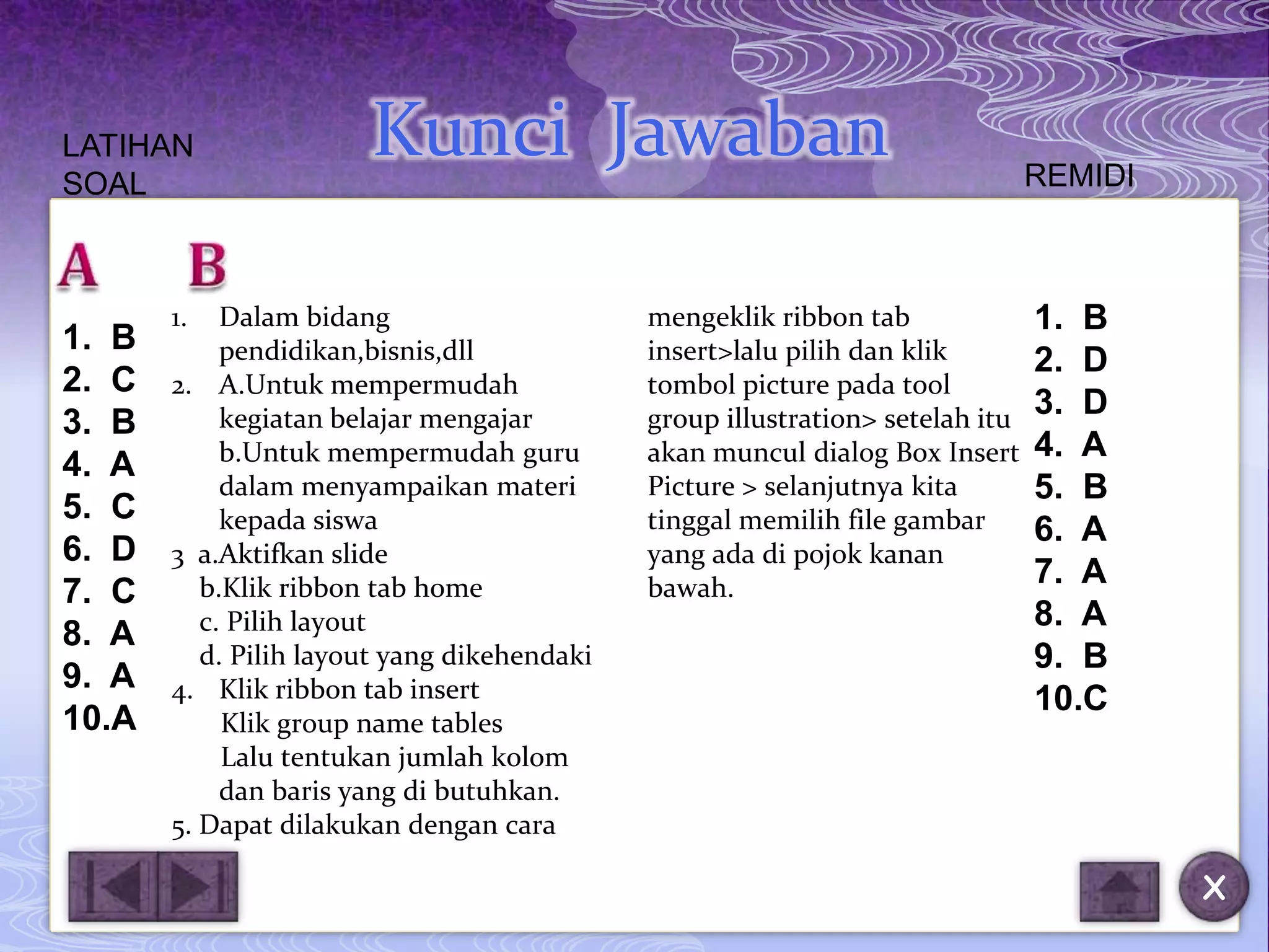 LATIHAN                Kunci Jawaban                                           REMIDI
SOAL



       1.   Dalam bidang                     mengeklik ribbon tab              1. B
1. B        pendidikan,bisnis,dll            insert>lalu pilih dan klik        2. D
2. C   2. A.Untuk mempermudah                tombol picture pada tool
            kegiatan belajar mengajar        group illustration> setelah itu   3. D
3. B
            b.Untuk mempermudah guru         akan muncul dialog Box Insert     4. A
4. A
            dalam menyampaikan materi        Picture > selanjutnya kita        5. B
5. C        kepada siswa                     tinggal memilih file gambar       6. A
6. D   3 a.Aktifkan slide                    yang ada di pojok kanan
          b.Klik ribbon tab home             bawah.                            7. A
7. C
          c. Pilih layout                                                      8. A
8. A
          d. Pilih layout yang dikehendaki                                     9. B
9. A   4. Klik ribbon tab insert                                               10.C
10.A        Klik group name tables
            Lalu tentukan jumlah kolom
            dan baris yang di butuhkan.
       5. Dapat dilakukan dengan cara

                                                                                        X
 