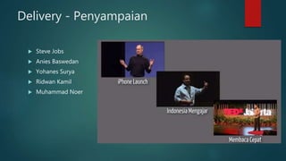 Delivery - Penyampaian
 Steve Jobs
 Anies Baswedan
 Yohanes Surya
 Ridwan Kamil
 Muhammad Noer
 