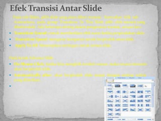 Untukmemperolehwarnapolalatarbelakangpada slide denganmemanfaatkanpolabackground yang sudahdisediakanoleh Microsoft Office Powerpoint 2007, lakukanlangkah-langkahdibawahini:Bukahalamankerja MO Powerpoint 2007.KlikTab Design terlebihdulu, kemudian, perhatikan design Background MO Powerpoint 2007 (kira-kiraada 20-an yang ditampilkan) cobaAndasorotsatu-satumakasecaraotomatis background berubah. Kalausudahada yang sesuaidengankeinginanAnda, silahkandiklik (otomatis background akanberubah) Catatan : untukmenggantiwarna-warnanyasilahkanpilihdisamping design yaitu : klik Colors lalupilih create new theme colorsBackground Andatelahberubah, tinggalmemasukkanisipresentasitersebut.Tahapdiatasbukanlahtahaptersusunsecaraotomatis, tetapibisajugadiawalidenganmemasukkanmateripresentasiatau file-file presentasi yang sudahadaingindigantibackgroundnyakemudianmemilihdesignnya.BACKGROUND