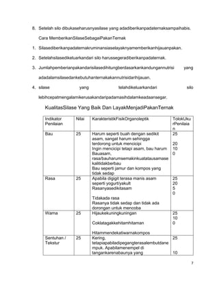 7
8. Setelah silo dibukaseharusnyasilase yang adadiberikanpadaternaksampaihabis.
Cara MemberikanSilaseSebagaiPakanTernak
1. Silasediberikanpadaternakruminansiaselayaknyamemberikanhijauanpakan.
2. Setelahsilasedikeluarkandari silo harussegeradiberikanpadaternak.
3. Jumlahpemberianpakandarisilasedihitungberdasarkankandungannutrisi yang
adadalamsilasedankebutuhanternakakannutrisidarihijauan.
4. silase yang telahdikeluarkandari silo
lebihcepatmengalamikerusakandaripadamasihdalamkeadaansegar.
KualitasSilase Yang Baik Dan LayakMenjadiPakanTernak
Indikator
Penilaian
Nilai KarakteristikFisikOrganoleptik TolokUku
rPenilaia
n
Bau 25 Harum seperti buah dengan sedikit
asam, sangat harum sehingga
terdorong untuk mencicipi
Ingin mencicipi tetapi asam, bau harum
Bauasam,
rasa/bauharumsemakinkuatatausamase
kalitidakberbau
Bau seperti jamur dan kompos yang
tidak sedap
25
20
10
0
Rasa 25 Apabila digigit terasa manis asam
seperti yogurt/yakult
Rasanyasedikitasam
Tidakada rasa
Rasanya tidak sedap dan tidak ada
dorongan untuk mencoba
25
20
5
0
Warna 25 Hijaukekuningkuningan
Coklatagakkehitamhitaman
Hitammendekatiwarnakompos
25
10
0
Sentuhan /
Tekstur
25 Kering,
tetapiapabiladipegangterasalembutdane
mpuk. Apabilamenempel di
tangankarenabaunya yang
25
10
 