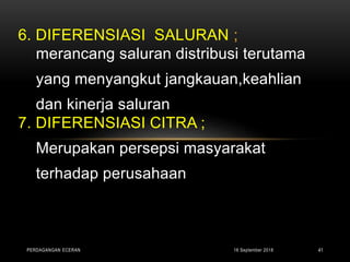 16 September 2018PERDAGANGAN ECERAN 41
6. DIFERENSIASI SALURAN ;
merancang saluran distribusi terutama
yang menyangkut jangkauan,keahlian
dan kinerja saluran
7. DIFERENSIASI CITRA ;
Merupakan persepsi masyarakat
terhadap perusahaan
 